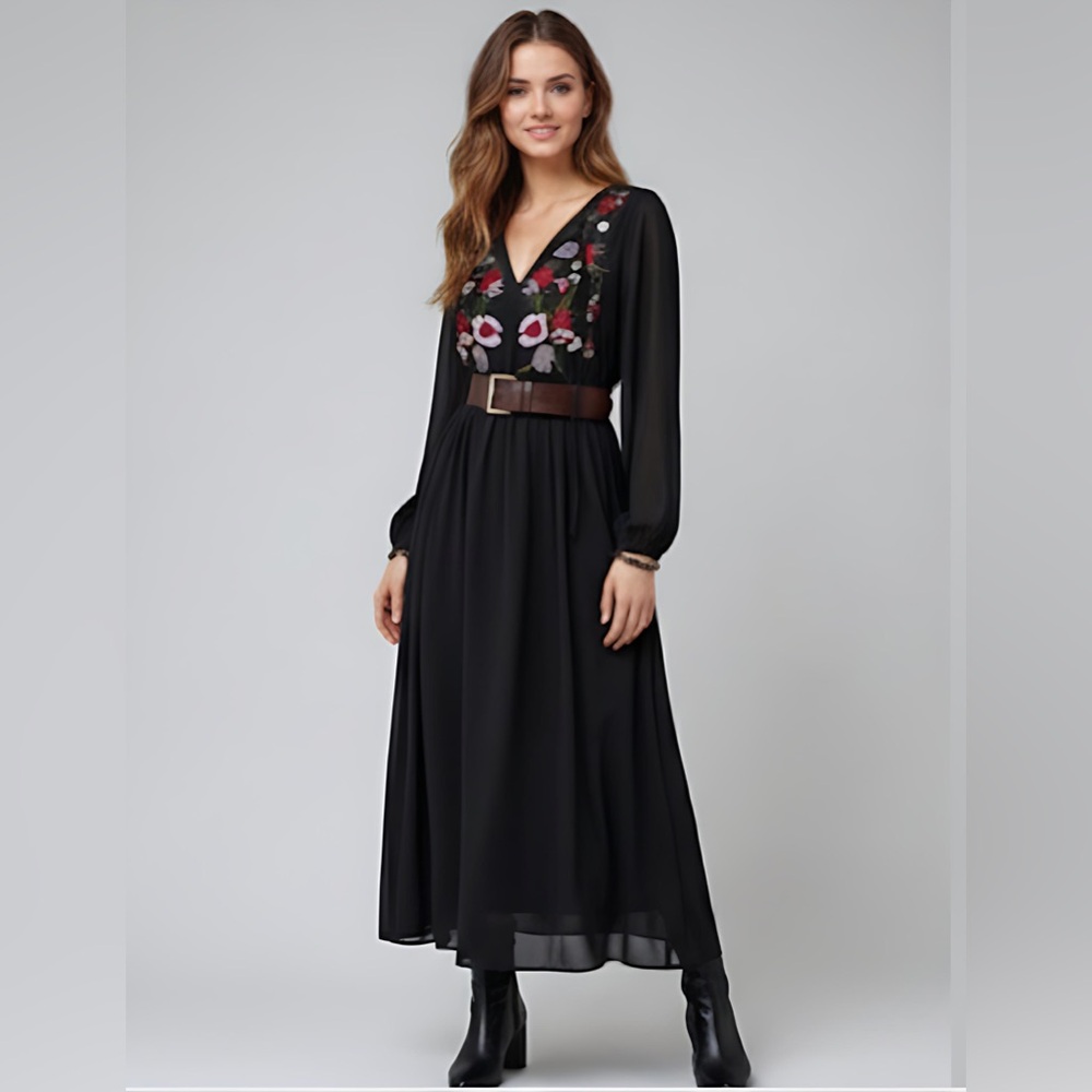 LAST ONE 🔥 Black Floral Embroidery Lantern Sleeve Dress Without Belt